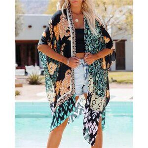 Boho Floral Paisley Patchwork Printed Cardigan Kimono Duster Bikini Swim Coverup